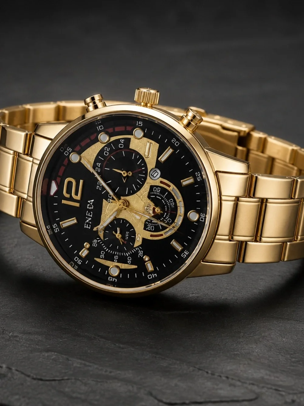 Eneva Men’s Luxury Timepiece Collection Gold Band Black/Gold Case NWT